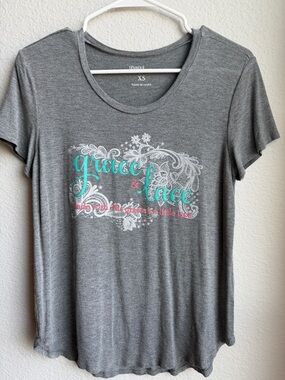 Grace & Lace heathered Gray Short Sleeve graphic Tee with Teal & Pink Graphic